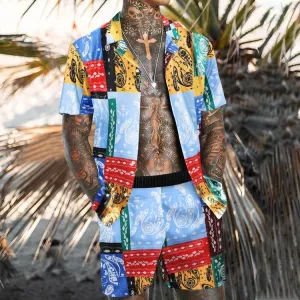 Fashionable and Casual Beach Suit with Color Geometric Print