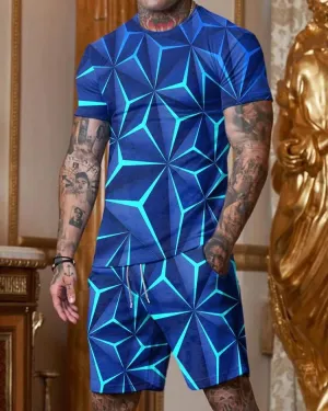 Fashionable Blue Geometric Print Short-Sleeved Round Collar Suit
