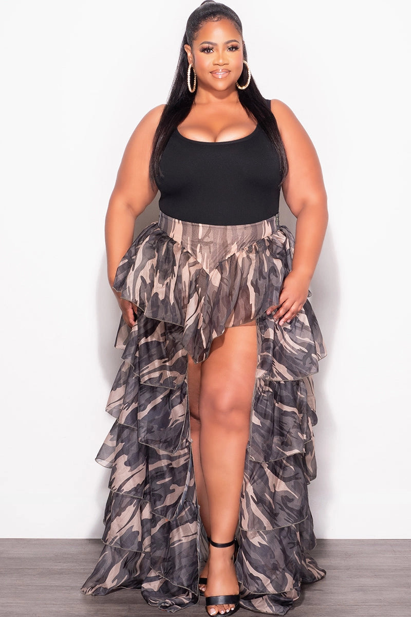 Final Sale Plus Size Chiffon High/Low Ruffle Tiered Skirt in Camouflage Print Cozy Waist