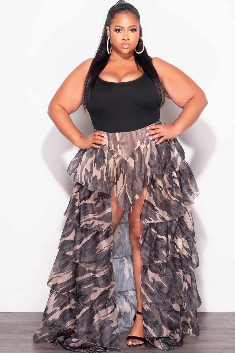 Wrinkle Resistant Finish Final Sale Plus Size Chiffon High/Low Ruffle Tiered Skirt in Camouflage Print
