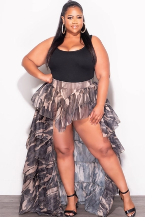 Moisture control Quick Wear Fit Final Sale Plus Size Chiffon High/Low Ruffle Tiered Skirt in Camouflage Print