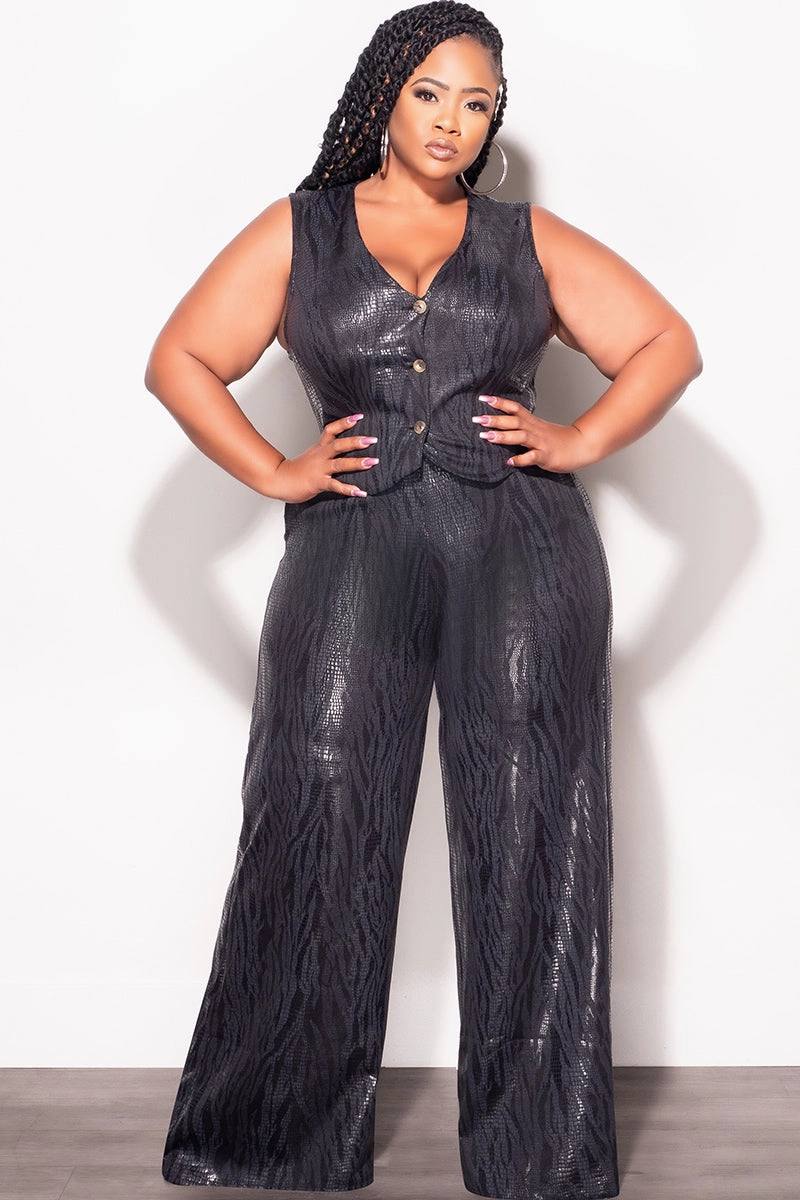 Final Sale Plus Size 2pc Sleeveless Blazer Vest and Pants Set in Black Snake Print Heat Control Casual Vibe