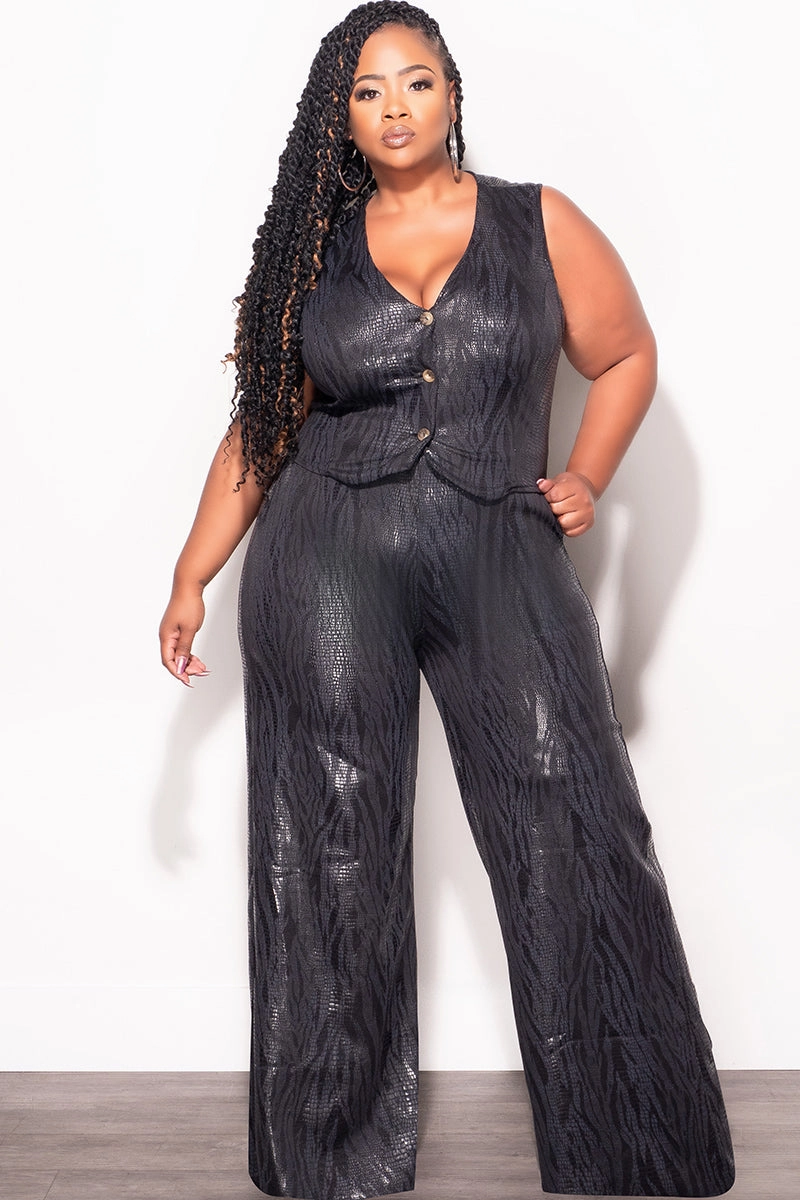 Perfect Movement Final Sale Plus Size 2pc Sleeveless Blazer Vest and Pants Set in Black Snake Print