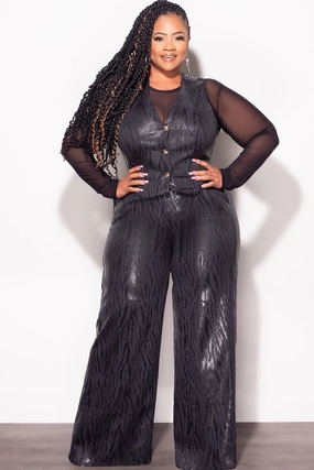 Final Sale Plus Size 2pc Sleeveless Blazer Vest and Pants Set in Black Snake Print Ventilated Mesh Lining Smart Motion