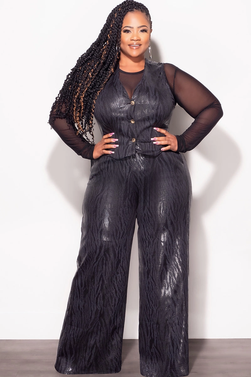 Final Sale Plus Size 2pc Sleeveless Blazer Vest and Pants Set in Black Snake Print QuickDryTechnology Outdoor Flex