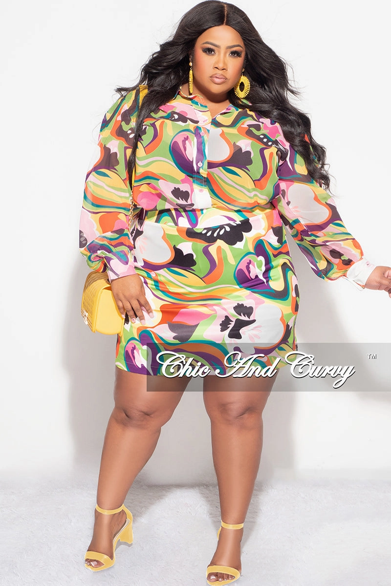 Final Sale Plus Size 2pc Chiffon Collar Button Up Top and Skirt Set in Multi Color Print Soft Touch Material Non Clip
