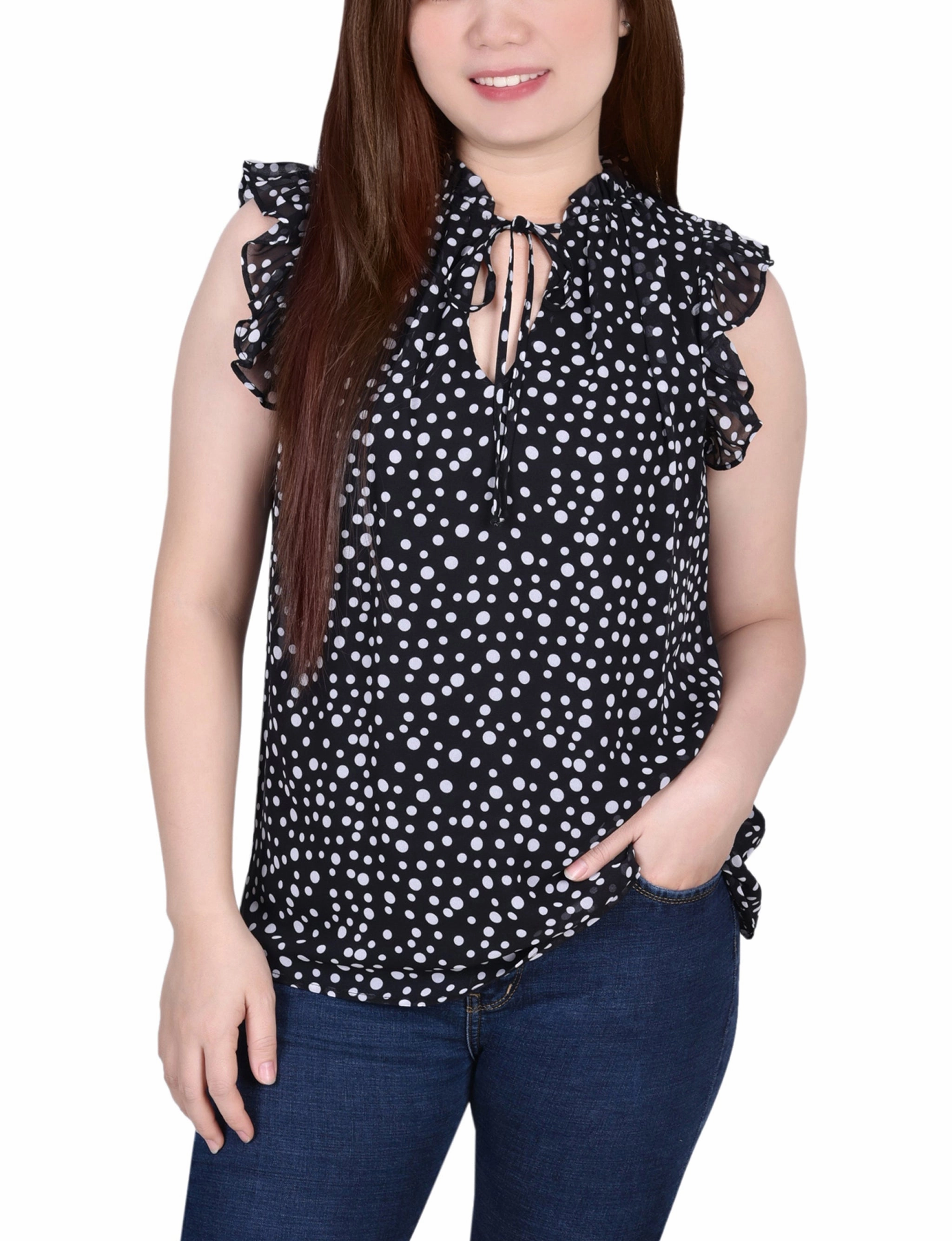 Ruffled Sleeve Blouse With Tie Closure AdjustableCuffSystem