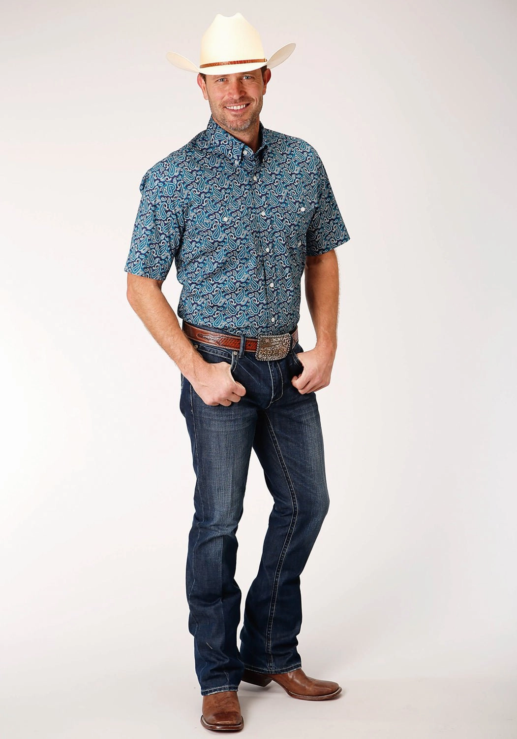 Roper Mens Teal 100% Cotton Purple Sage Paisley S/S Shirt Micro Perforated Texture Trendy Daywear