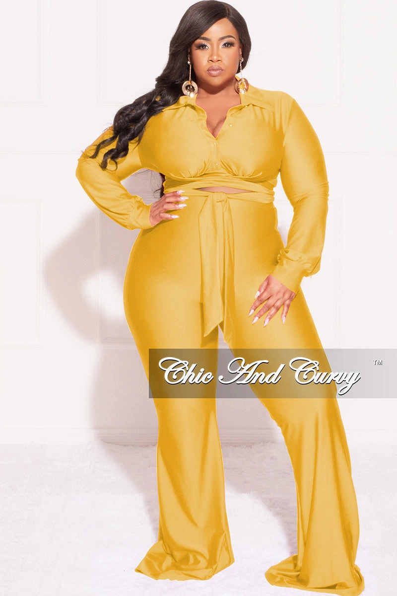 Final Sale Plus Size Shiny 2pc Collar Button Up Crop Tie Top and Bell Bottom Pants Set in Yellow Day Wear Durable Comfort