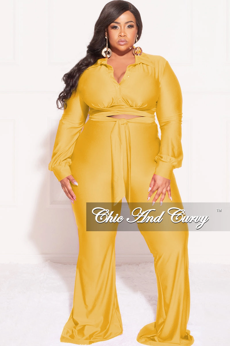 Final Sale Plus Size Shiny 2pc Collar Button Up Crop Tie Top and Bell Bottom Pants Set in Yellow Side Pockets