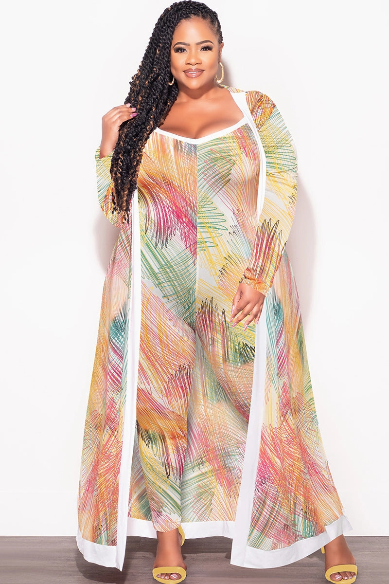 Heat Control AllDayCompression Final Sale Plus Size 2pc Duster & Spaghetti Strap Jumpsuit Set in Multi Color Print