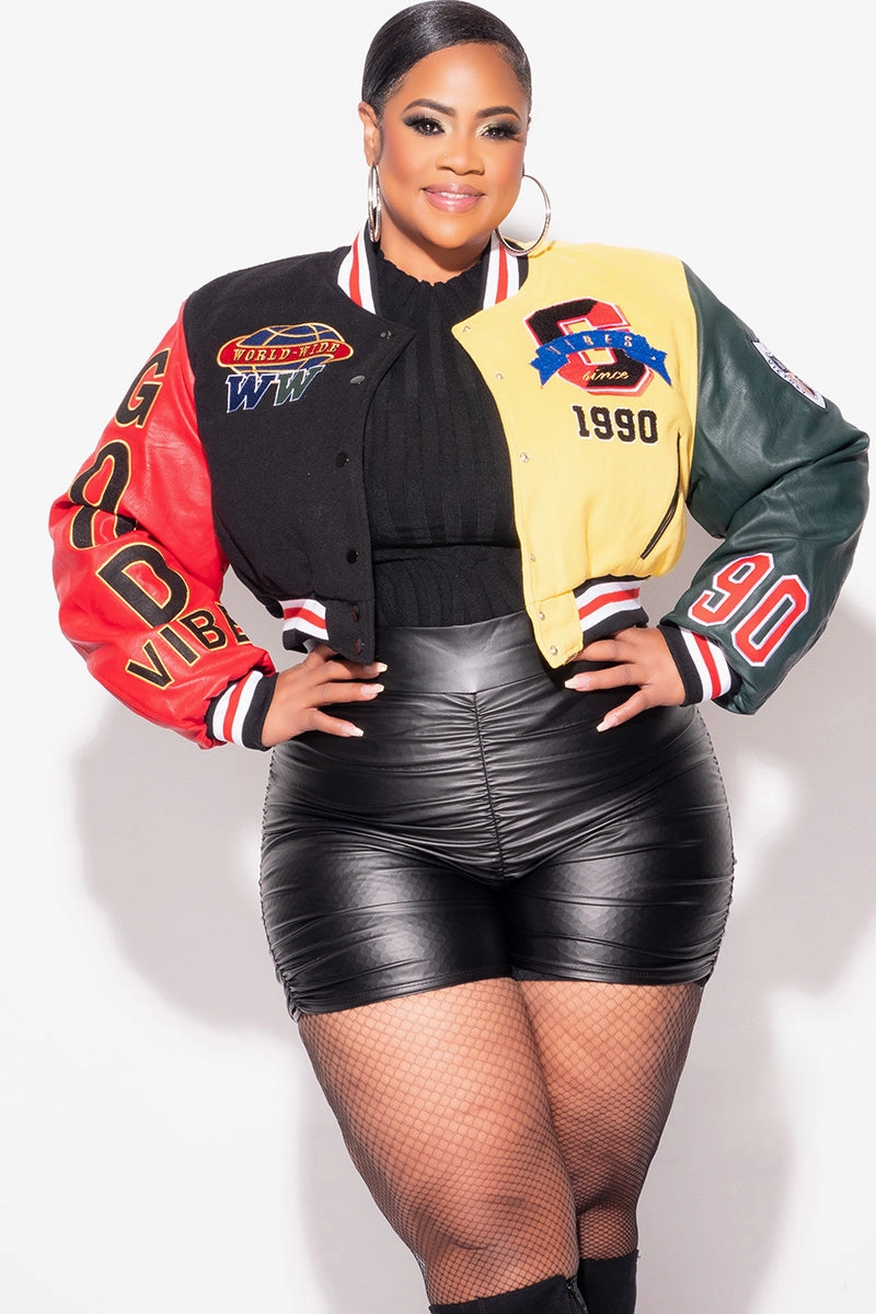Final Sale Plus Size Cropped Varsity Jacket with Patches in Black, Red and Yellow Flexible Durability