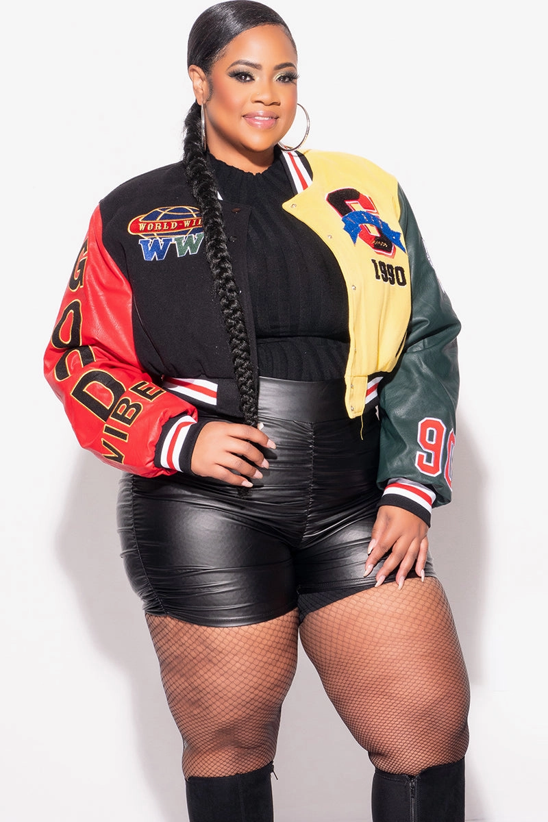 Cozy Wear Cozy Lining Final Sale Plus Size Cropped Varsity Jacket with Patches in Black, Red and Yellow