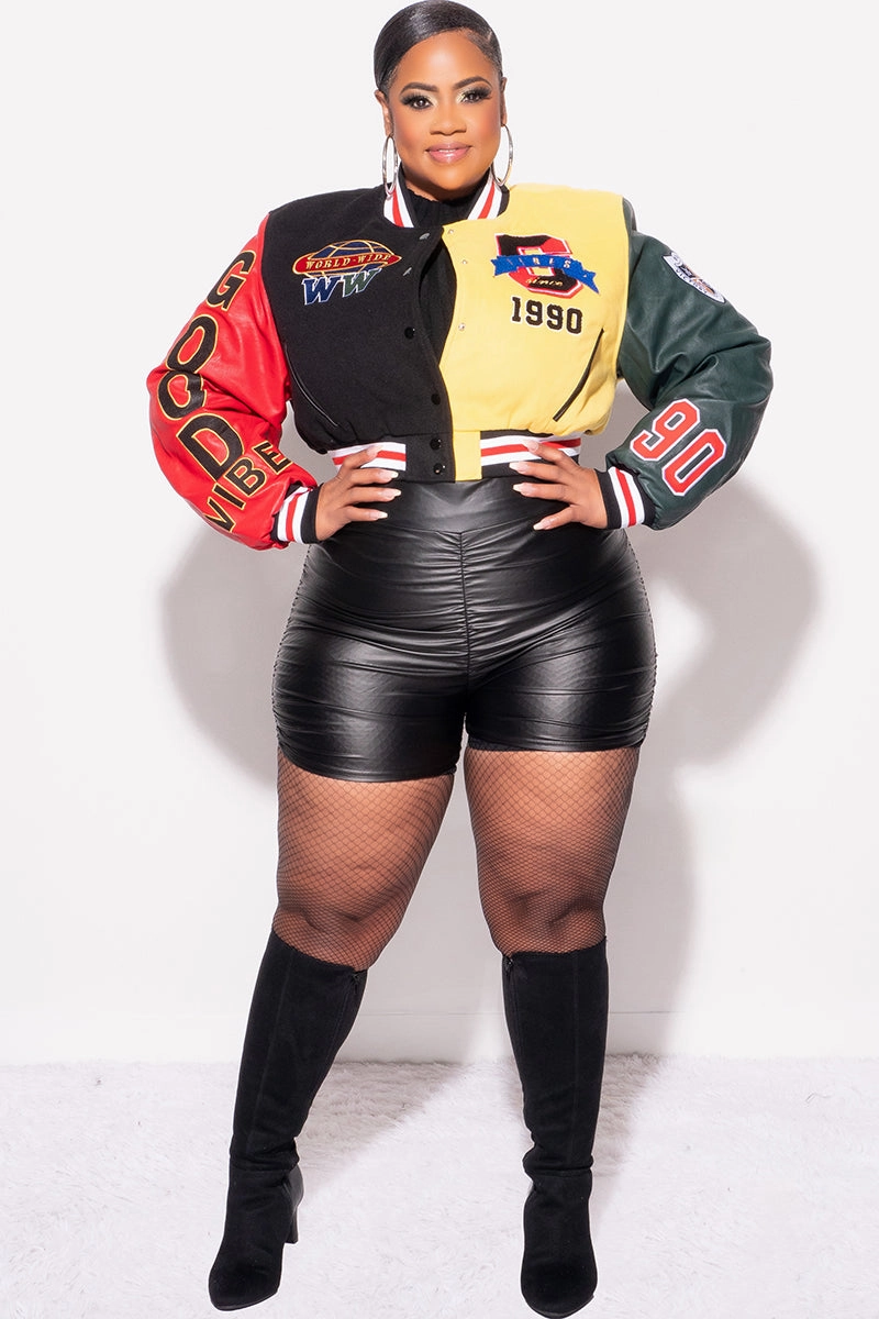 ElasticWaistband Final Sale Plus Size Cropped Varsity Jacket with Patches in Black, Red and Yellow