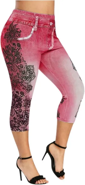 Faux Denim Cropped Legging Plus Size High Waisted Yoga Pants Women's Capri Short Tights Stretch Denim Jeans Jeggings