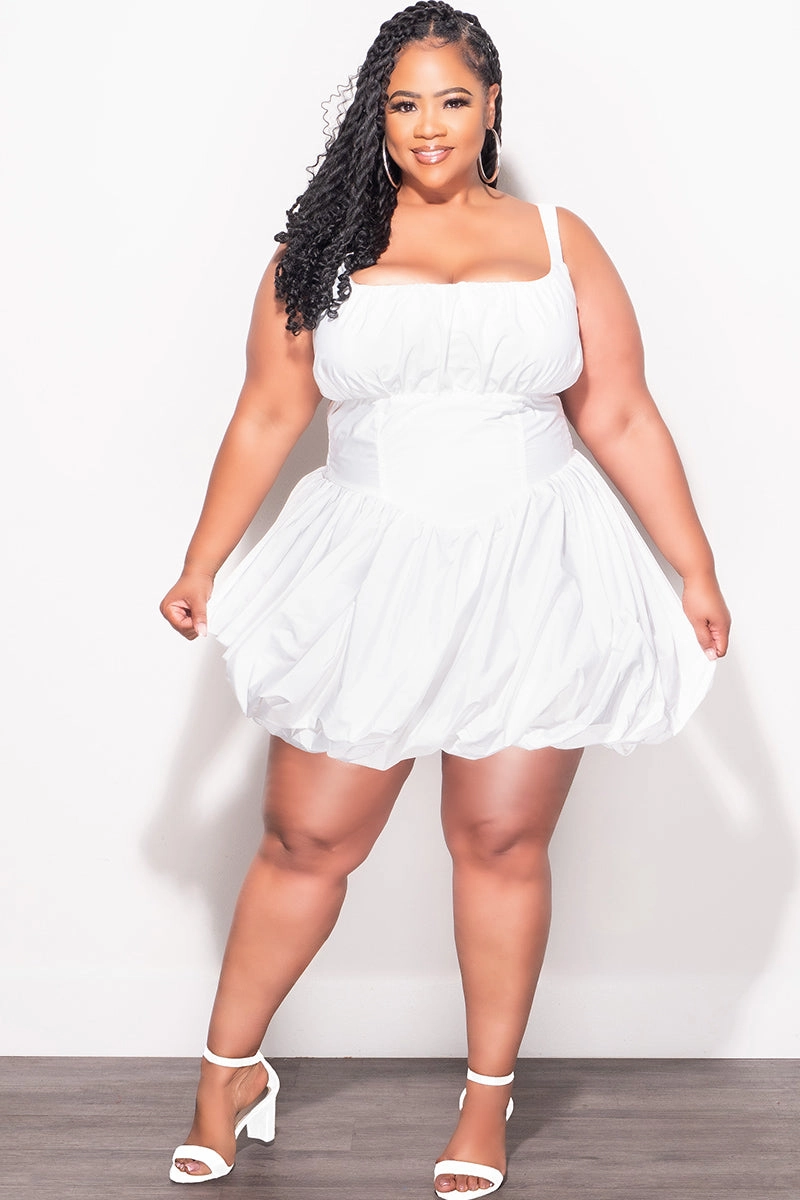 Final Sale Plus Size Poplin (Windbreaker Fabric) Tank Bubble Dress With Cinched Corset Waist in White Sporty Fit