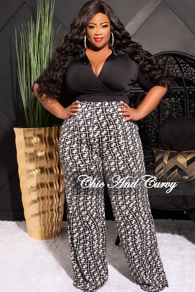Final Sale Plus Size 2pc Long Sleeve Faux Wrap Collar Black Crop Tie Top and Pants in Black & White Maze Print stain resistant coating