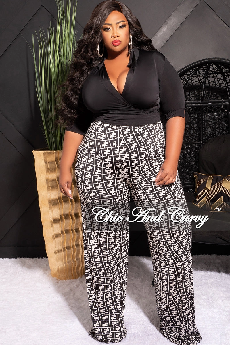 Reflective accents Laser cut Final Sale Plus Size 2pc Long Sleeve Faux Wrap Collar Black Crop Tie Top and Pants in Black & White Maze Print