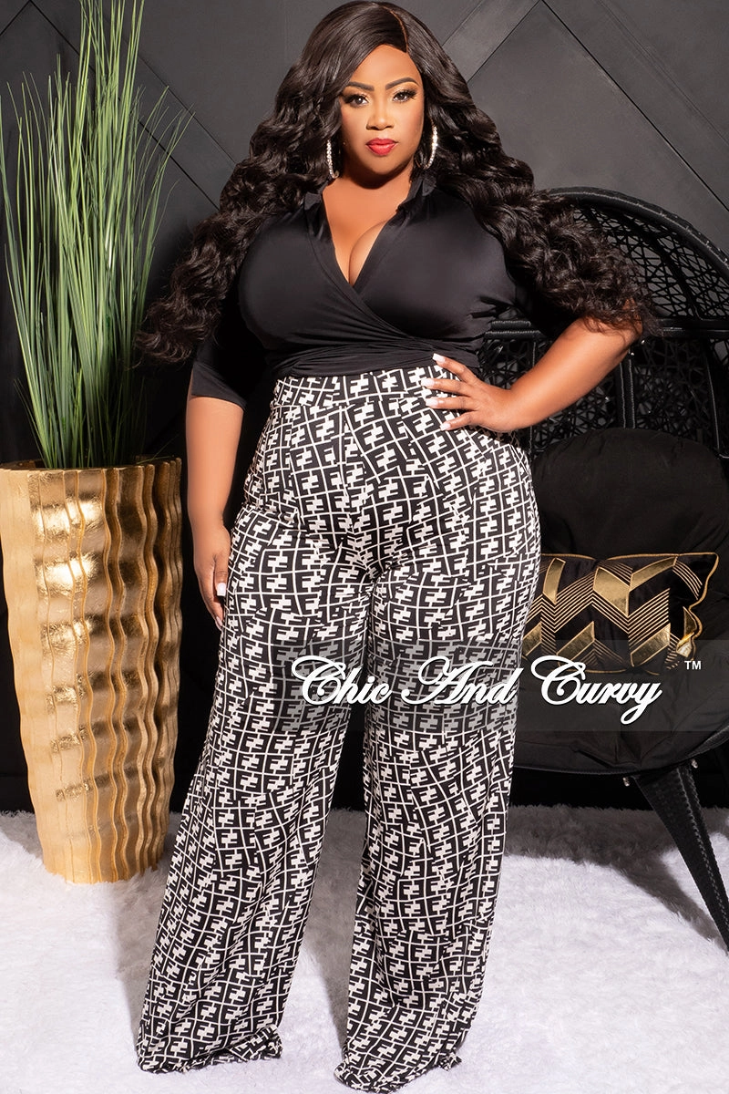 Reversible design Final Sale Plus Size 2pc Long Sleeve Faux Wrap Collar Black Crop Tie Top and Pants in Black & White Maze Print