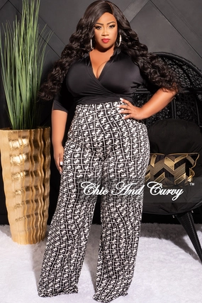 Reversible design Final Sale Plus Size 2pc Long Sleeve Faux Wrap Collar Black Crop Tie Top and Pants in Black & White Maze Print