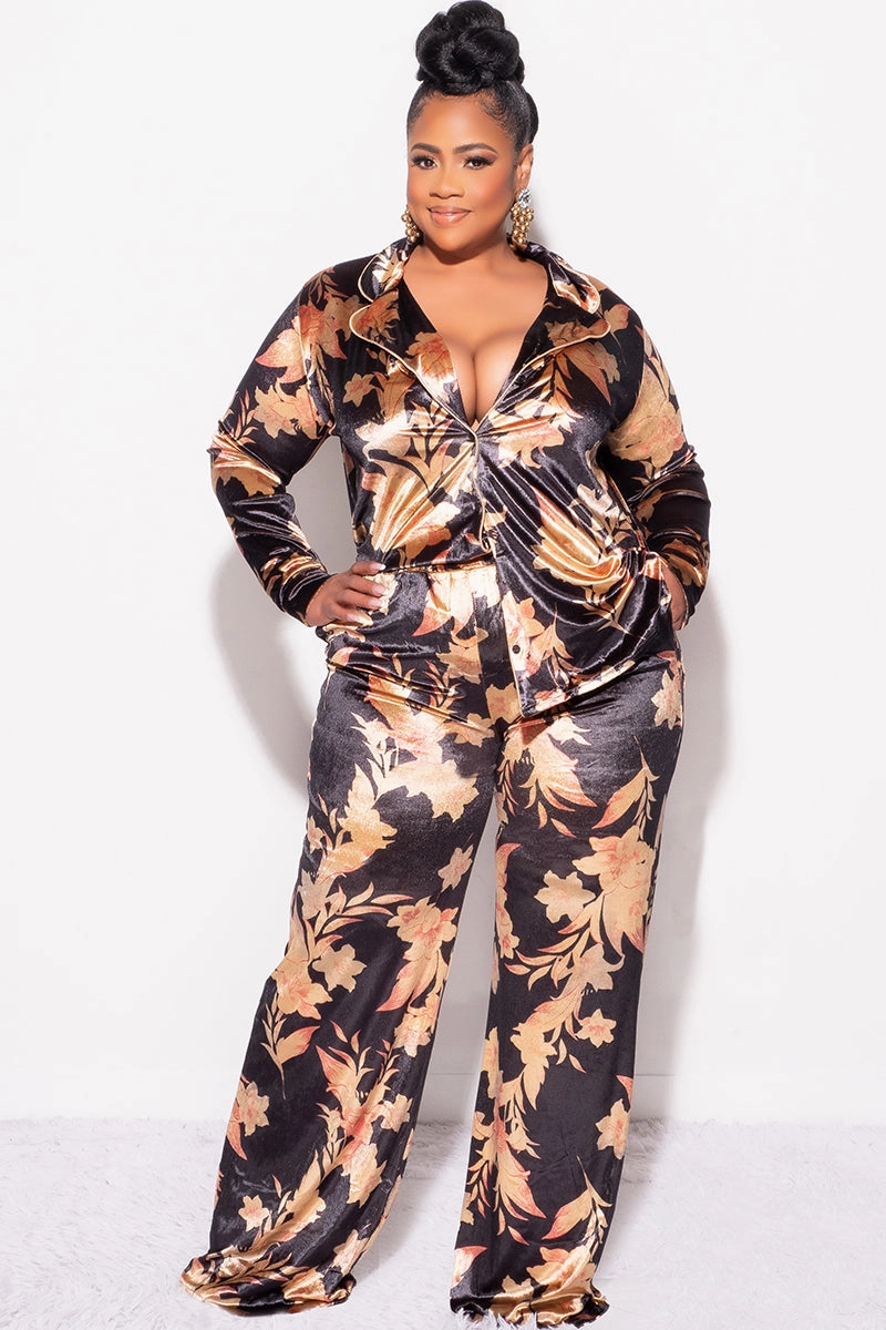 DurableBartack Final Sale Plus Size 2pc Silky Velvet Lounge Set in Black Floral Print