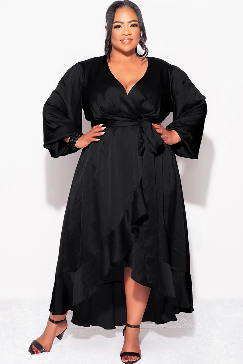 Final Sale Plus Size Faux Wrap Satin High-Low Dress with Waist Tie in Black Casual Fit