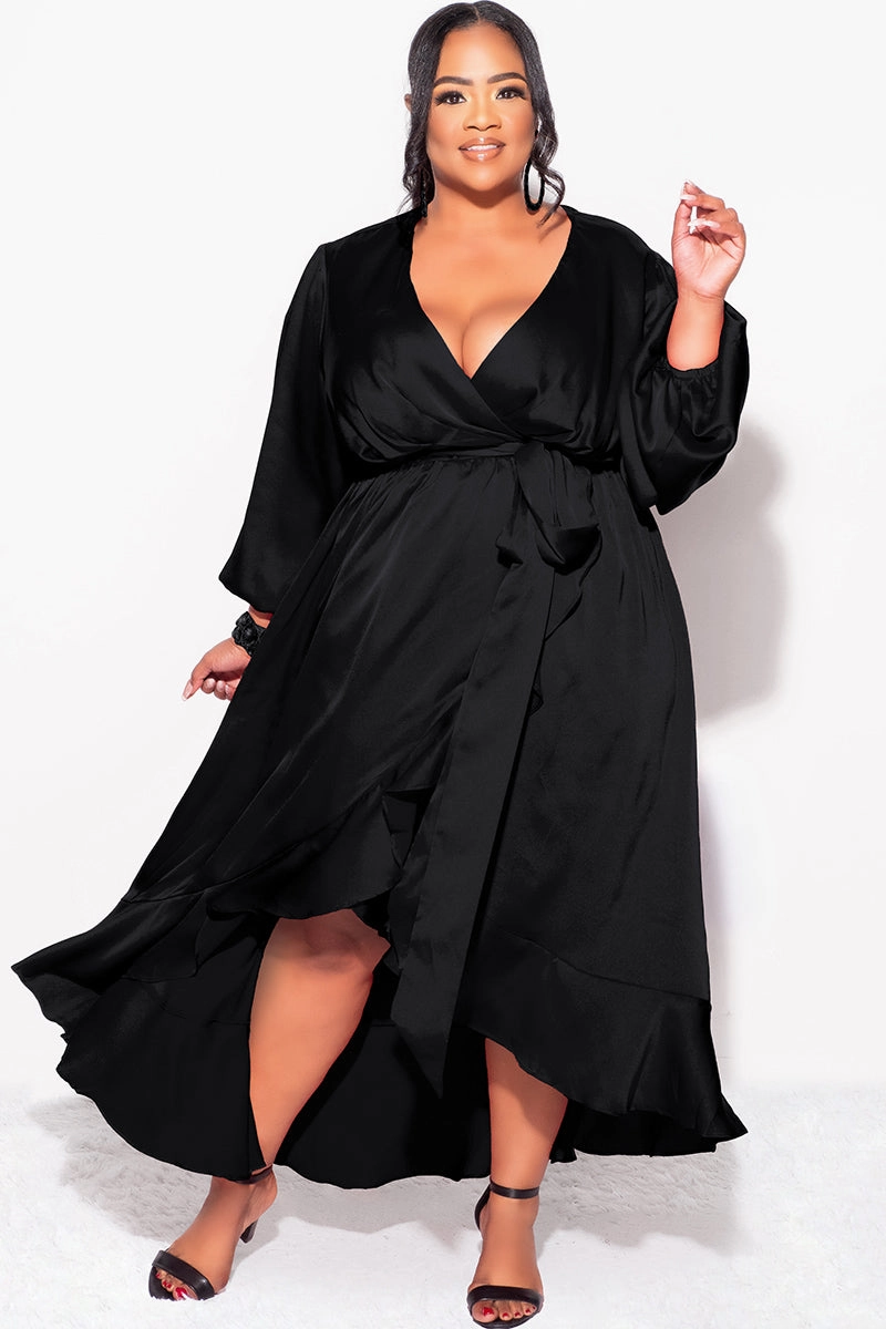 Final Sale Plus Size Faux Wrap Satin High-Low Dress with Waist Tie in Black Flat Seams