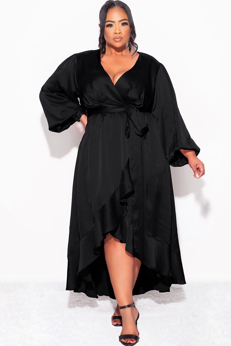 Breathable Stretch Anti Friction Lining Final Sale Plus Size Faux Wrap Satin High-Low Dress with Waist Tie in Black
