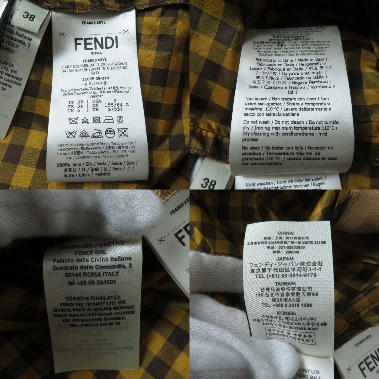 Fendi Silk Gingham Check Long Shirt Dress