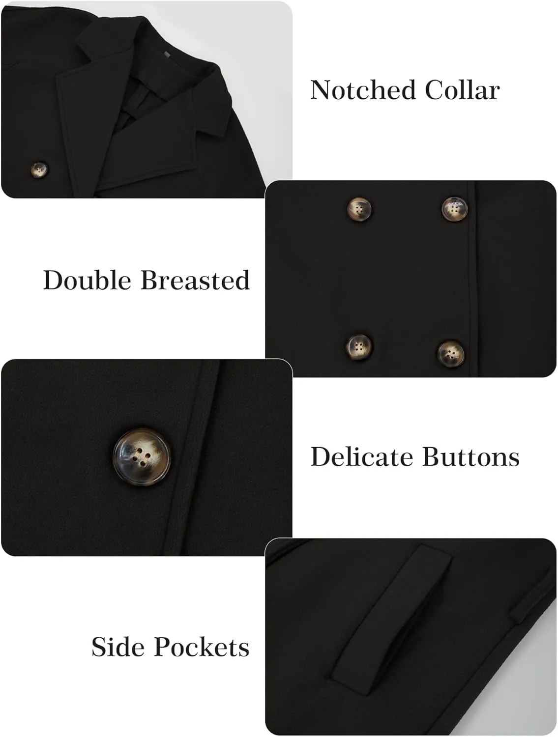 FEOYA Women's Wool Pea Coat Double Breasted Fleece Trench Coat Lightweight Mid Long Winter Wool Blend Overcoat Dressy Outfit