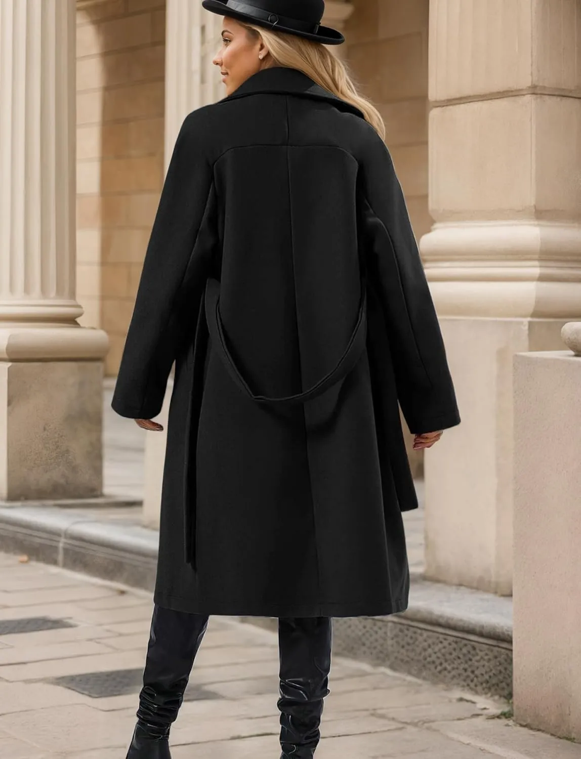FEOYA Women's Wool Pea Coat Double Breasted Fleece Trench Coat Lightweight Mid Long Winter Wool Blend Overcoat Dressy Outfit
