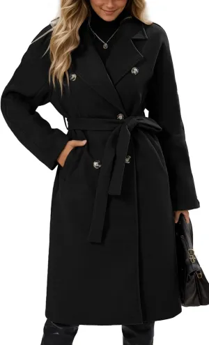 FEOYA Women's Wool Pea Coat Double Breasted Fleece Trench Coat Lightweight Mid Long Winter Wool Blend Overcoat Dressy Outfit