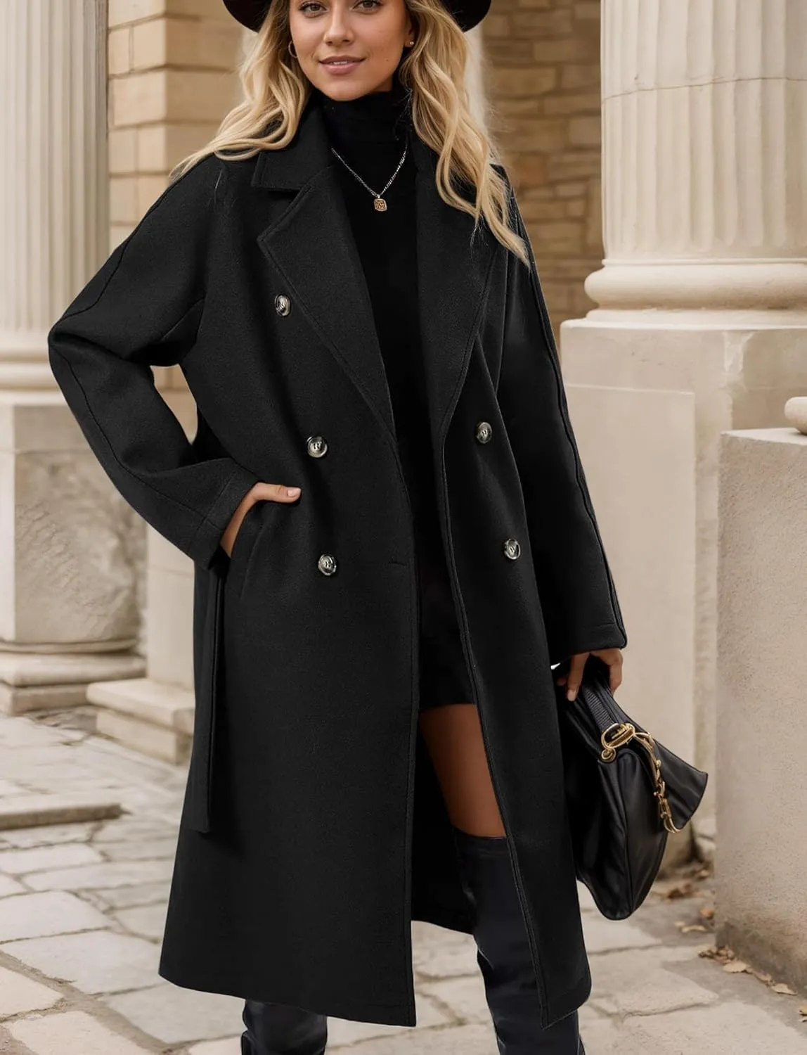 FEOYA Women's Wool Pea Coat Double Breasted Fleece Trench Coat Lightweight Mid Long Winter Wool Blend Overcoat Dressy Outfit