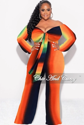 Final Plus Size Front Tie Jumpsuit in Orange, Yellow and Navy Ombre Soft Wear Seam-Free