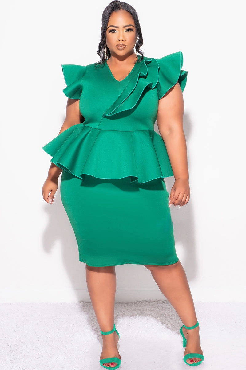 Durable Weave Easy Layer Final Plus Size Ruffle Peplum BodyCon Dress in Green Scuba