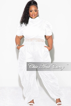 Final Sale Plus 3pc (Ruffle Top, Lace Spaghetti Strap Top and Drawstring Pants) Set in White HiddenDrawcord Day Wear