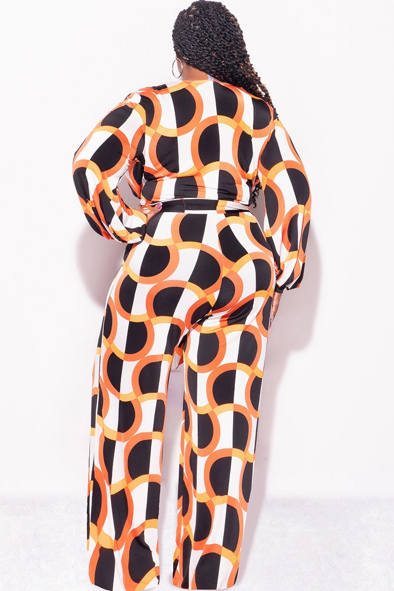 Final Sale Plus Deep V Size Long Sleeve Jumpsuit with Tie in Orange & Ivory Design Print Non Binding Cuffs