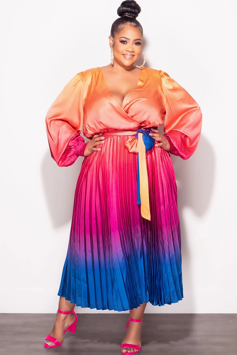 Final Sale Plus Faux Wrap Pleated Dress in Rainbow Print Slim Profile