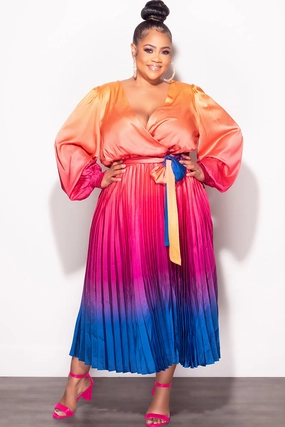 Final Sale Plus Faux Wrap Pleated Dress in Rainbow Print Slim Profile