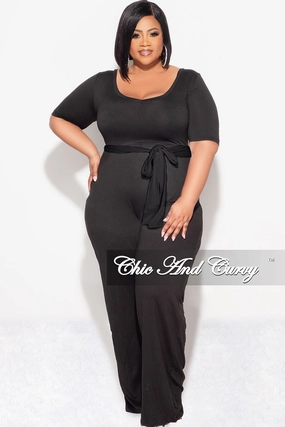 Final Sale Plus Jumpsuit with Tie in Black BreathableFabric Gripper Waistband
