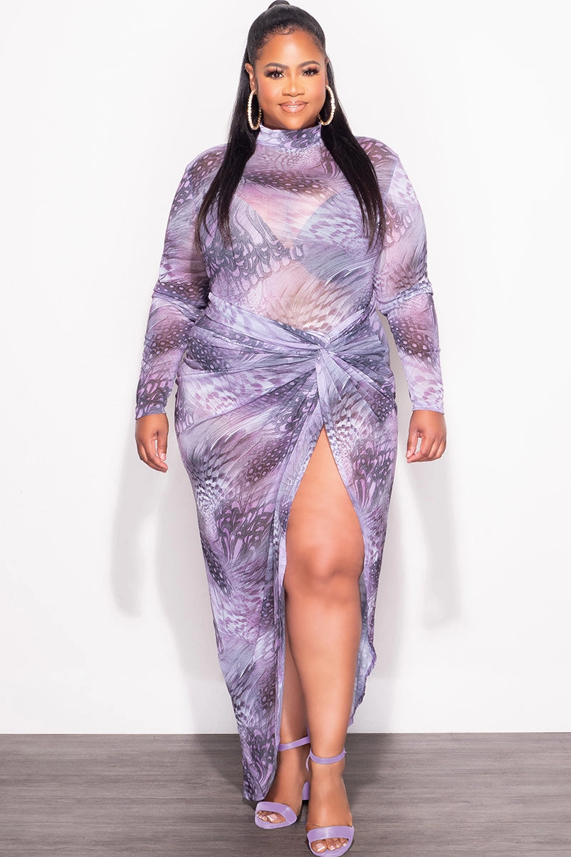 Final Sale Plus Size 2-Pc Mesh Set with Bodysuit & High Split Skirt in Purple Print Print Minimalist Waist Non Tapered Leg