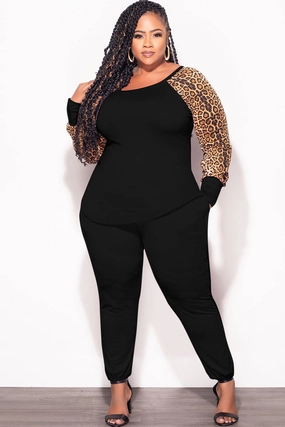 Final Sale Plus Size 2-pc Pants Set in Black & Animal Print Smart Comfort Stain Resistant