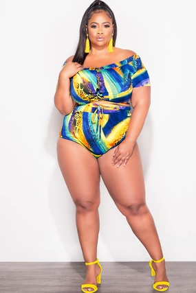 Final Sale Plus Size 2-Pc Poolside Playsuit (Off The Shoulder Crop Top & High Waist Bottoms) in Purple Mustard Print Anti Pilling Surface