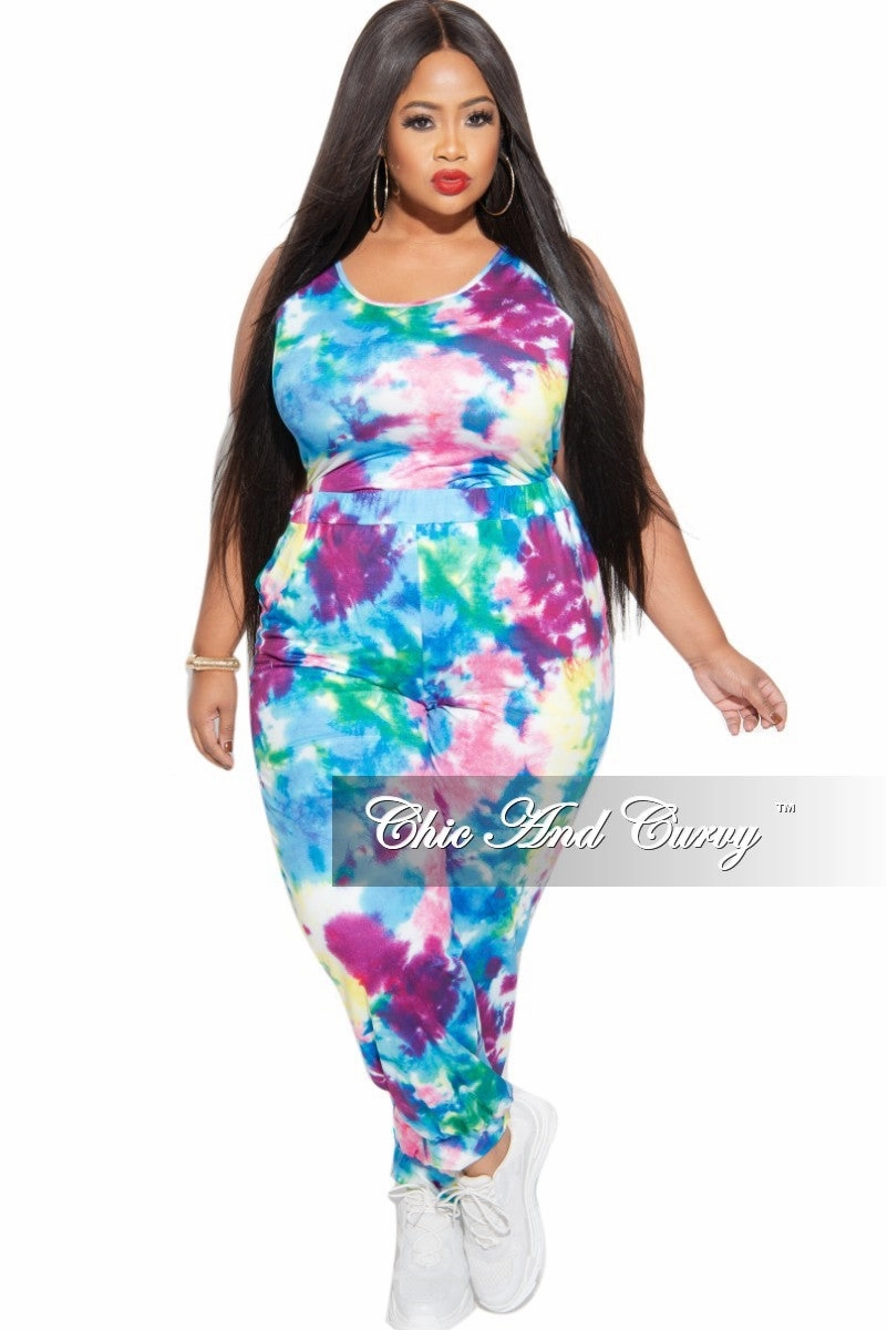 Noise Reduciting Fabric Final Sale Plus Size 2 pc Set Tank Bodysuit & Jogger Pants in Multi-Colors