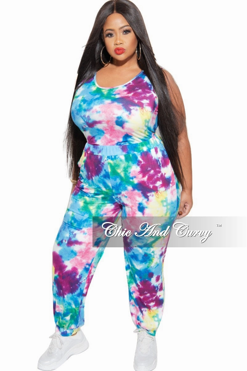 DoubleLayeredHem Anti Static Finish Final Sale Plus Size 2 pc Set Tank Bodysuit & Jogger Pants in Multi-Colors