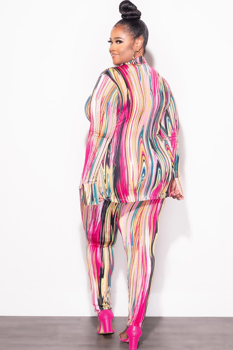 Final Sale Plus Size 2-Piece Button Up Collar Top and Pants Set in Multi Color Print LightweightConstruction BreathableFabric