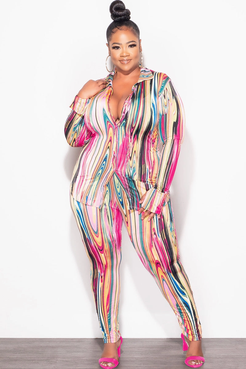 Final Sale Plus Size 2-Piece Button Up Collar Top and Pants Set in Multi Color Print Stretch Fit RipstopFabric