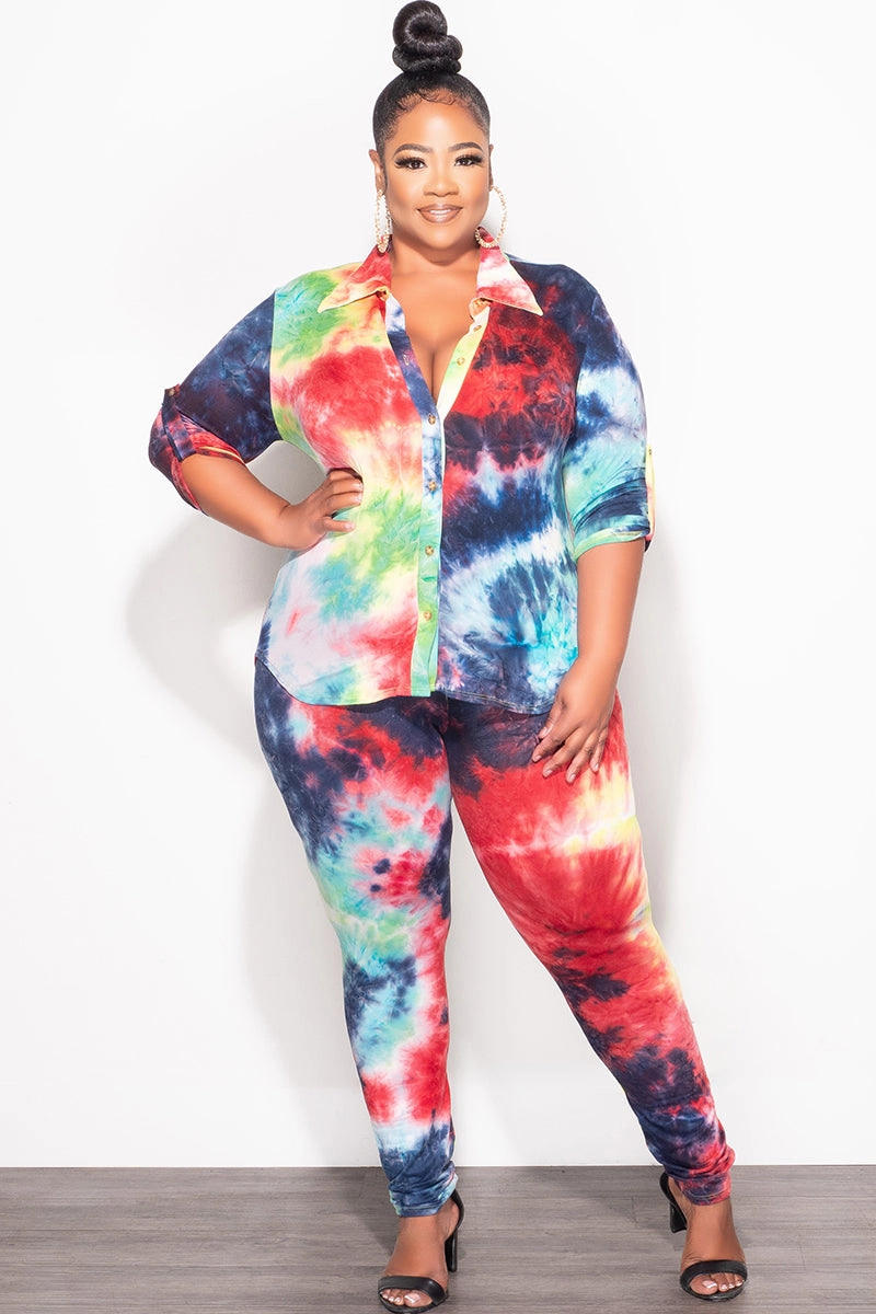 Final Sale Plus Size 2-Piece Button Up Collar Top and Pants Set in Multi Color Tie Dye Print MoistureControlLiner Quick Fit Wear