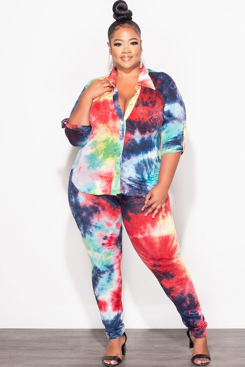 Final Sale Plus Size 2-Piece Button Up Collar Top and Pants Set in Multi Color Tie Dye Print FadeResistantTreatment
