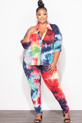 Final Sale Plus Size 2-Piece Button Up Collar Top and Pants Set in Multi Color Tie Dye Print FadeResistantTreatment